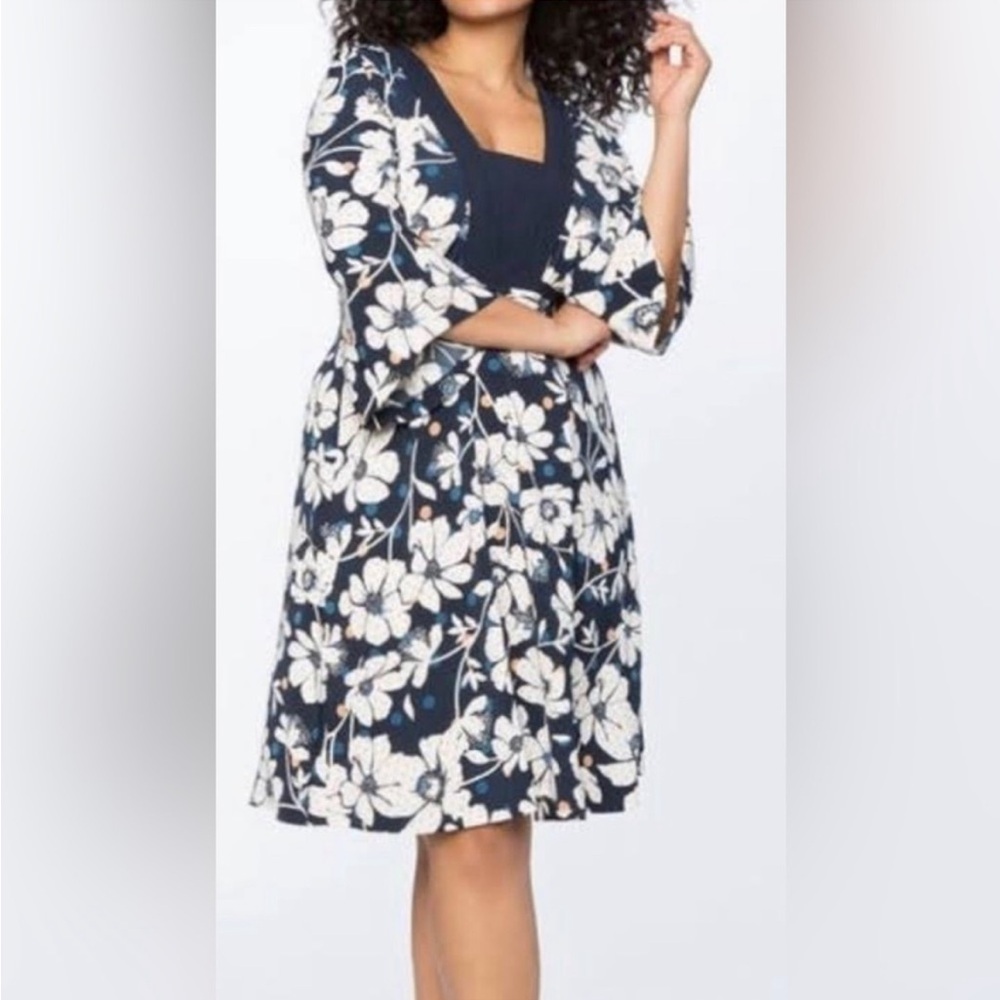 New Eloquii Daisy Floral  Print Square Neck Tie Waist Dress Size 14